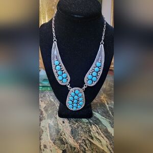NEW CHARLES JOHNSON NATIVE AMERICAN NAVAJO STERLING SILVER TURQUOISE BIB NECKLAC